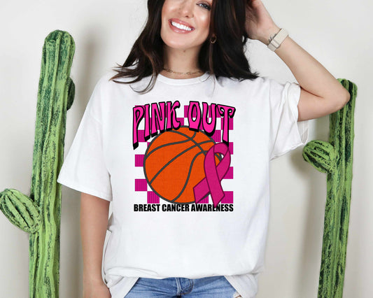 PINK OUT BASKETBALL-FAUX EMBROIDERY (EFFECT) Graphic Tee 3571