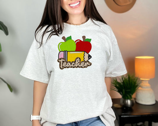 TEACHER-APPLE AND PENCIL-FAUX EMBROIDERY (GRAPHIC TEE) 6147